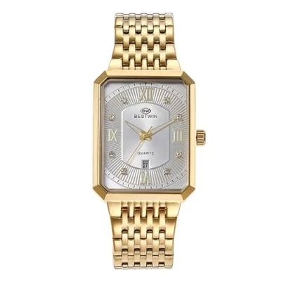 Image of JewelryWe Rectangular Quartz Analogue Watches: Men Gold Square Tank Wristwatch Elegant Stainless Steel Dress Cuff Watches
