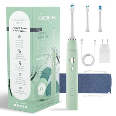 Image of NEOPULSE® NEOSONIC® Sonic Technology Electric Toothbrush + 2 Brush Heads USB Rechargeable 3 Months Battery Life 15 Settings Timer NEOKIDS® Compatible Green