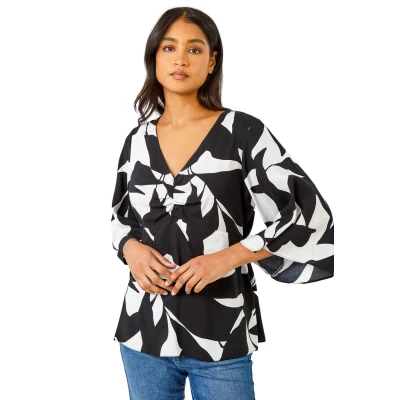 Image of Roman Womens Contrast Floral Print Ruched Tunic Top Black Size 10 UK