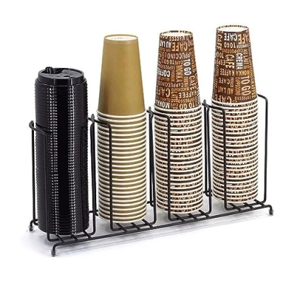 Image of Paper Cup Dispenser, Metal and Lid Holder, 4 Compartment Coffee Black Holder for Countertop, Organizer Station Office Kitchen Bar Breakroom, a