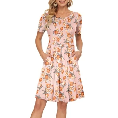 Image of AUSELILY Womens Summer Dress Casual Floral Bodycon Short Sleeve Pleated Loose Swing with Pockets Knee Pink Tulip 2XL