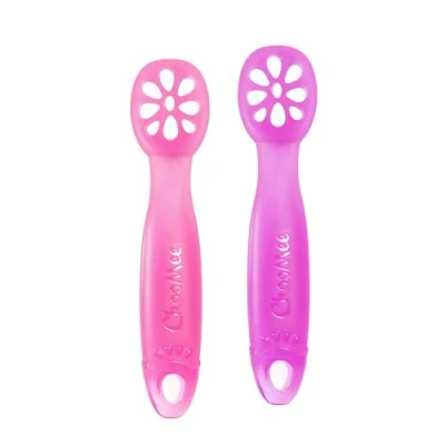 Image of ChooMee Baby Spoons, FlexiDip Led Weaning Dip and Catch Purees Pediatrician Approved Stage One Learning Utensil, 100% Silicone Chew Friendly Material, BPA Free 2 CT Pink Purple