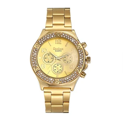 Image of JewelryWe Women Men Stainless Steel Band Quartz Wrist Watch Casual Bling Dress Watch,Gold