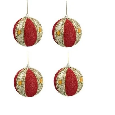 Image of Gisela Graham Red Beaded/Gold Glitter Baubles with Jewel set of four