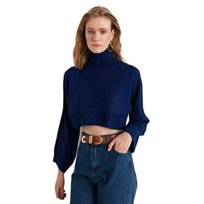 Image of Trendyol Women New Year&#039;s Eve Glam Regular Basic Standing Collar Knitwear Sweater Navy Blue