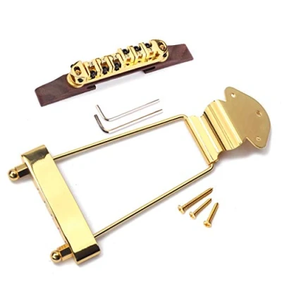 Image of Alnicov Set of 6 String Archtop Jazz Guitar Rosewood Bridge Height Adjustable &amp; Tailpiece Trapeze for Parts,Gold
