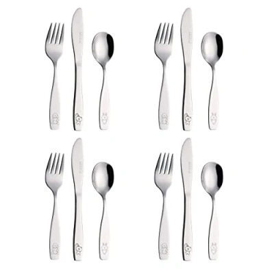 Image of Exzact Children&#039;s Cutlery 12pcs Set Stainless Steel/Kids 4 x Forks, Safe Dinner Knives, Spoons Engraved Dog Cat Bunny Design
