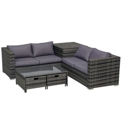 Image of Outsunny 4 Pcs Rattan Wicker Garden Furniture Patio Sofa Storage &amp; Table Set w/ 2 Drawers Coffee Table,Great Cushioned Seats Corner Grey