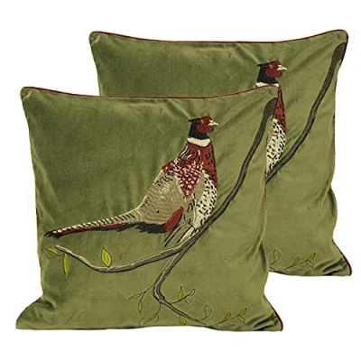 Image of Paoletti Hunter Velvet Twin Pack Polyester Filled Cushions, Green, 45 x 45cm