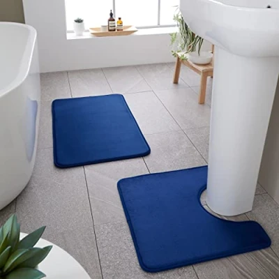 Image of Catherine Lansfield Anti Bacterial Memory Foam Bath Mat and Pedestal Set Navy