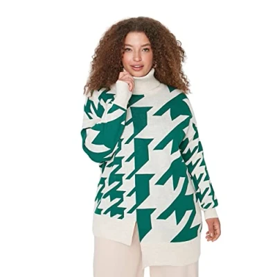 Image of Trendyol Women Plus Size Relaxed Double Breasted Turtleneck Knitwear Jumper Green
