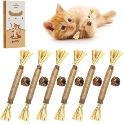 Image of Aucenix Catnip Chew Sticks for kitten, Natural Matatabi Silvervine Cat Toy Teeth Cleaning, Cats Toys with Catnip, Dental kitten Indoor (Brown 6pcs)