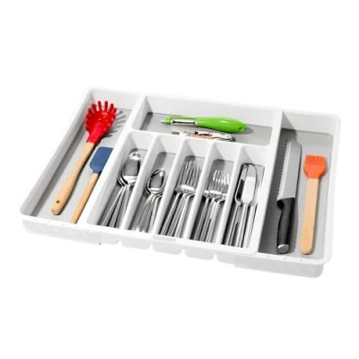 Image of madesmart Expandable Silverware Tray White Classic Collection 8 Compartments Icons to Help sort Flatware, Cutlery, Utensils Soft Grip Lining BPA Free