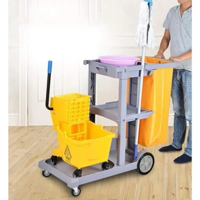 Image of tonchean Cleaning Trolley on Wheels, Commercial Janitorial Cart with Removable Waste Bag, Heavy Duty Housekeeping Janitor Carts, Grey