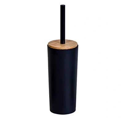 Image of Sonata Black 4 Pcs Bathroom Accessory Set Resin Bamboo Freestanding (Toilet Brush &amp; Holder)