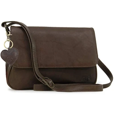 Image of Gigi Women&#039;s Medium Leather Cross Body Bag Flap Over Handbag With Long Adjustable Strap Heart Keyring Charm OTHELLO 1008 Dark Brown