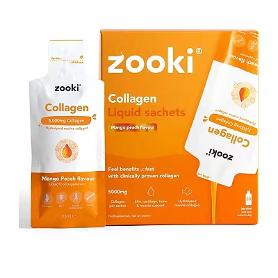 Image of Zooki Marine Collagen Liquid Sachets 5,000mg Great Taste, Sugar Free High Strength Supplements for Women &amp; Men Skin, Joints Hair (Mango Peach Flavour, 30 Servings)