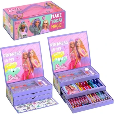 Image of Barbie Art Set 52pc Colouring Tool Box Pencils Pens Paint &amp; Craft Supplies Kids Activity Stationery Chest Pink Girls Unicorn Barbies