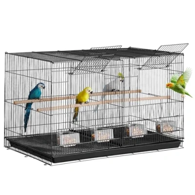 Image of VEVOR Bird Cage, 18 in, Small Parakeet Cage with Divider, Sturdy Metal Flight Travel Birdcage 5 Perches &amp; 4 Feeding Cups, Parrot for Canaries Lovebirds Cockatiels Budgie, Black
