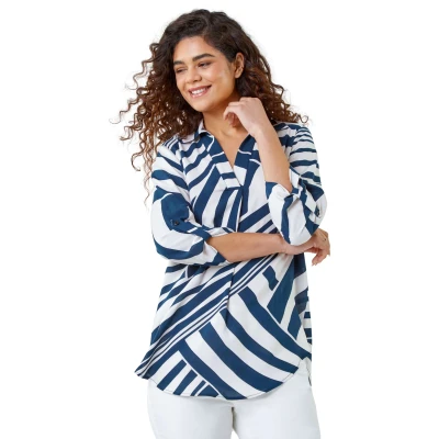 Image of Roman Originals Pleat Front Top for Women UK Ladies Pleated Shirt Notch V Neck Blouse Summer Tunic Spring Pull On Comfy Soft Evening Holiday Vacation Work Party Everyday Navy &amp; White Size 12