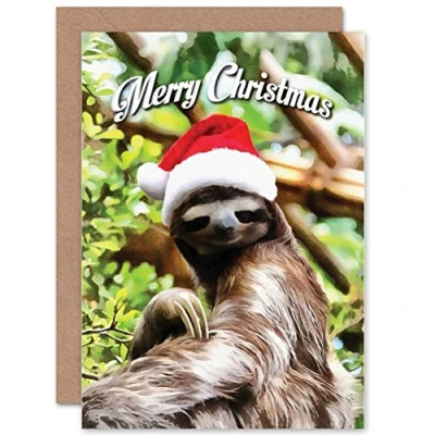 Image of Wee Blue Coo CARD CHRISTMAS XMAS MERRY SLEEPY SLOTH SANTA PRESENT GIFT