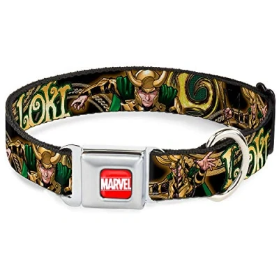 Image of Buckle Down Seatbelt Dog Collar LOKI Poses Black/Gold/Green 1&quot; Wide Fits 9 15&quot; Neck Small