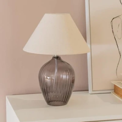 Image of Grey Glass Base Table Lamp with Fabric Tapered Lampshade Living Room Bedroom Bedside Light