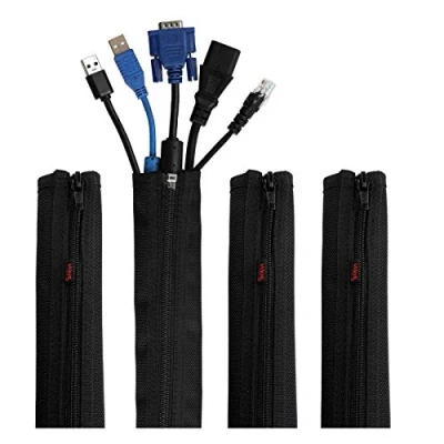 Image of Cable Management Sleeve, Hikig Cord Organizer System 19.5&quot; Portable Nylon Sleeve with Zipper, Wire Cover, Wrap, Sleeves for TV, Computer, Office, Home Entertainment, 4 Pack Black
