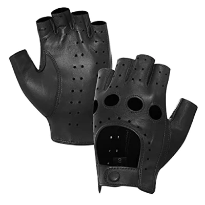 Image of Harssidanzar Fingerless Leather Glove,Womens Lambskin Half Finger Driving Gloves Unlined GL012, Black,Size L