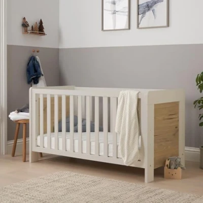 Image of Tutti Bambini Alba Baby Cot Bed 3 in 1 Wooden Crib, Toddler &amp; Day Bed, Convertible Adjustable Base, From Birth to 6 Years, White (140 cm x 70 cm) Sand/Oak