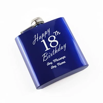 Image of Personalised Engraved 6oz Blue Painted Stainless Steel Pocket Hip Flask, Happy 18th Birthday Design, Gift for Him, Grandad, Gift, Laser in The UK