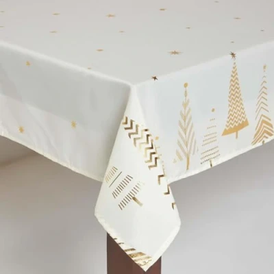 Image of HOMESCAPES Christmas Tablecloth, Rectangular Cotton Xmas Table Cloth, Handcrafted &amp; Durable Festive Dining Cover with Hem Stitch, Hypoallergenic, Washable, Sparkling Gold Tree 137x178cm