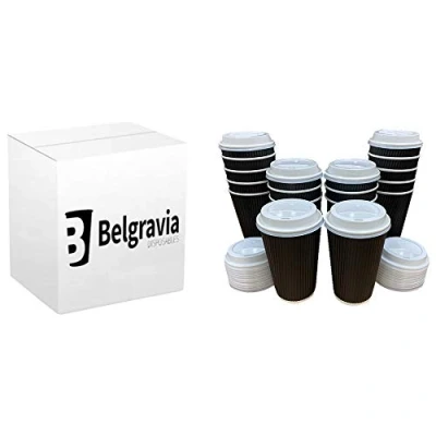 Image of 1000 x Ripple Black 8oz Belgravia Cups &amp; Lids Kraft Insulated Cup Tea Coffee Disposable