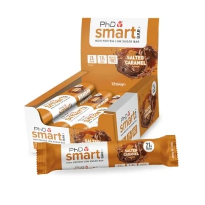 Image of PhD Nutrition Smart Protein Bar Low Calorie, Nutritional Bars / Snacks, High Sugar, Salted Caramel Flavour, 20g of Protein, 64g (12 Pack)