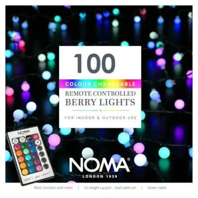 Image of Noma 100 Colour Changeable Remote Controlled Berry Lights (Pack of 1), Green Cable/Multi