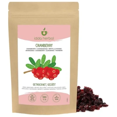 Image of Dried Cranberries (500g, 1.1lb), Whole Cranberries, Sweetened with Apple Juice, Soft and Chewy, Ready to Eat Fruit Snack, Vegan