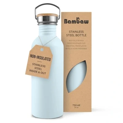 Image of Bambaw Stainless Steel Water Bottle 750ml, Light Blue Bottle, Non Insulated Metal BPA Free Leak Proof Reusable Ice
