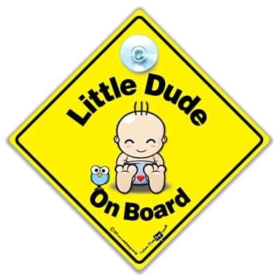 Image of Little Dude On Board Car Sign, Baby Grandchild Sign 14 cm x 14cm