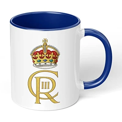 Image of Print Maniacs Kings Coronation Mug 2023 Official CR3 Emblem King Charles III Commemorative Souvenir Gift His Majesty The Royal Memorabilia Gifts (Blue Infill)