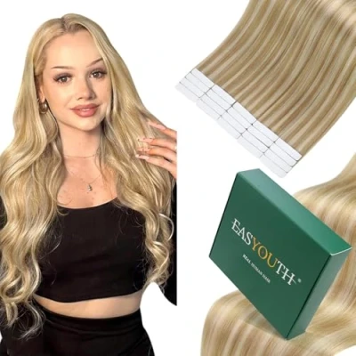 Image of Easyouth Tape Hair Extensions Human Blonde Highlight Glue in ins 16 Inch 40g 20Pcs