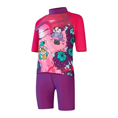 Image of Speedo Infant Girl&#039;s Learn to Swim Sun Protection Top &amp; Shorts Junior Girls Holiday Wear UV Protection, Magic Sangria/Cherry Pink/Sweet Taro, 3 Years