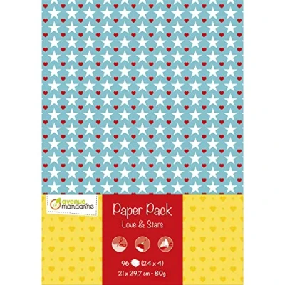 Image of Avenue Mandarine Ref CC057C 96 Printed Sheets, Hearts and Stars Patterns, Creative Hobbies, Scrapbook DIY, 24 Decorative Double Sided, A4, 80gsm