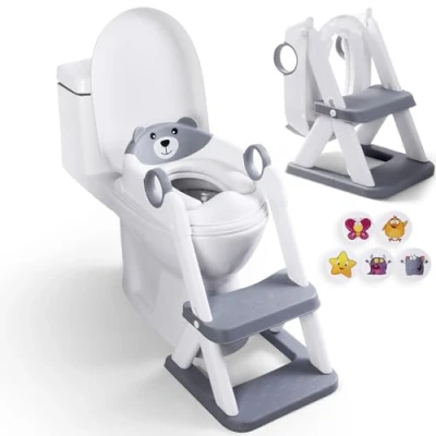 Image of EzyWay Potty Training Seat with Stickers, Upgraded Toddler Toilet for Kids Boys &amp; Girls, 2 in 1 Splash Guard Anti Slip Pad Step Stool (Grey)