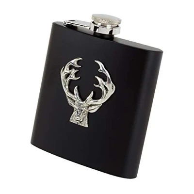 Image of Farm Cottage Brands 6oz oblong stainless steel, black leather covered hip flask with funnel in a presentation box pewterware motif of stag&#039;s head and antlers