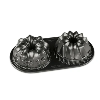 Image of Nordic Ware Bundt Duet Pan, Cast Aluminium Tin, Cake Tin for 2 Cakes, Fleur de Lis and Kugelhopf Premium Mould Made in the USA, Colour: Graphite