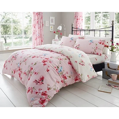 Image of GC GAVENO CAVAILIA Comfy BIRDIE BLOSSOM Bed Set with Duvet Cover and Pillow Cases, Polyester Cotton, Pink, Double