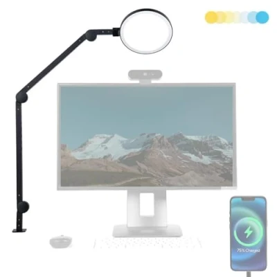 Image of Lume Cube Edge 2.0 LED Desk Lamp Dimmable Home Office Light with USB Charging Port &amp; Strong Swing Arm Adjustable Color Temperature and Brightness Circle Webcam Black