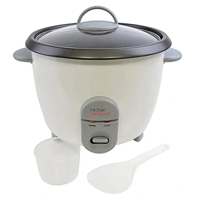 Image of Kitchen Perfected 700W 1.8Ltr Automatic Rice Cooker Non Stick / Removable Bowl Warm &amp; Cook Indicators Toughened Glass Lid Measuring Cup Spatula Recipes Included White E3312
