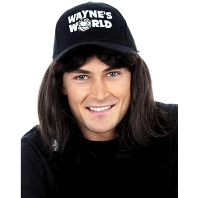 Image of ALLAURA Wayne Wig with Hat Costume Wigs for Men 80s Heavy Metal Rocker 1980s Black Mullet Halloween Costumes