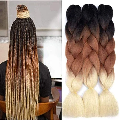 Image of FANWYFYU Ombre Braiding Hair, 3Pack/Lot Hair Extensions High Temperature Synthetic 24inch Pre Stretched Hair,for Box Braids (Black Brown Blonde)